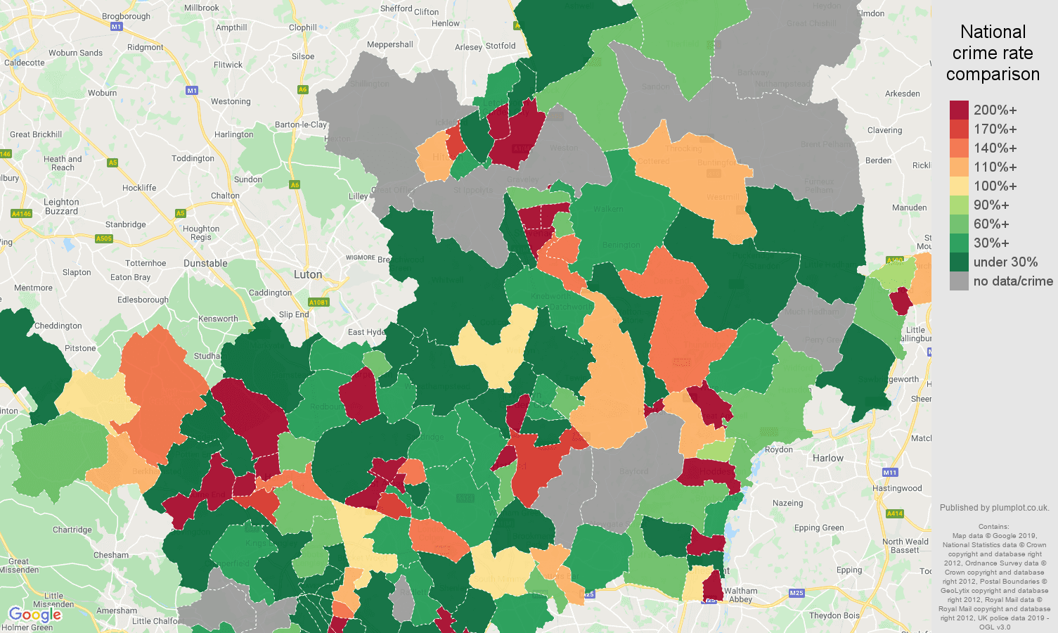 Hertfordshire shoplifting crime rate comparison map