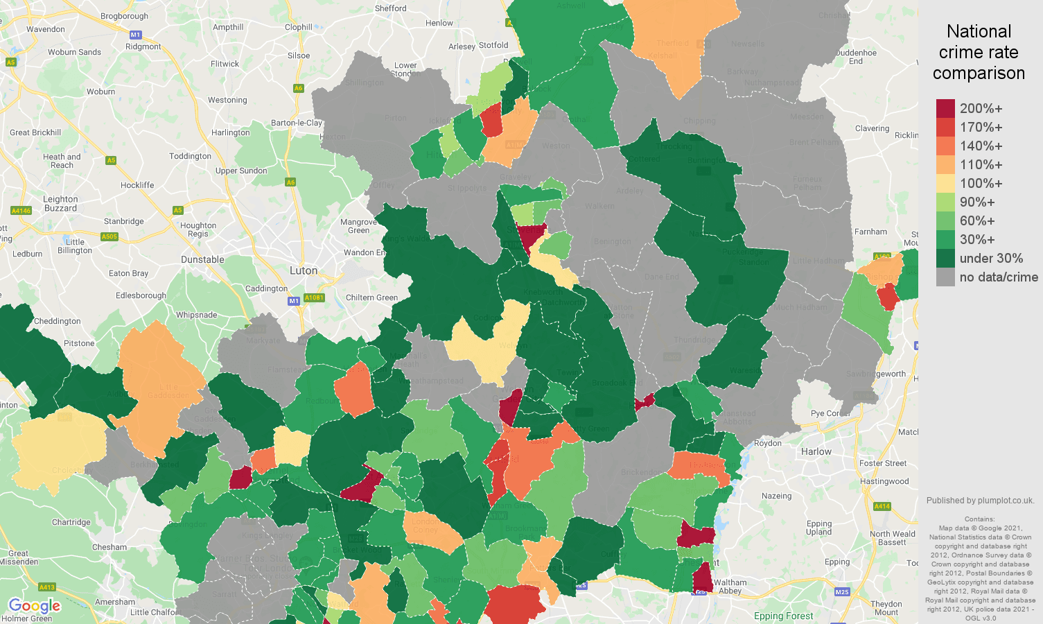 Hertfordshire theft from the person crime rate comparison map