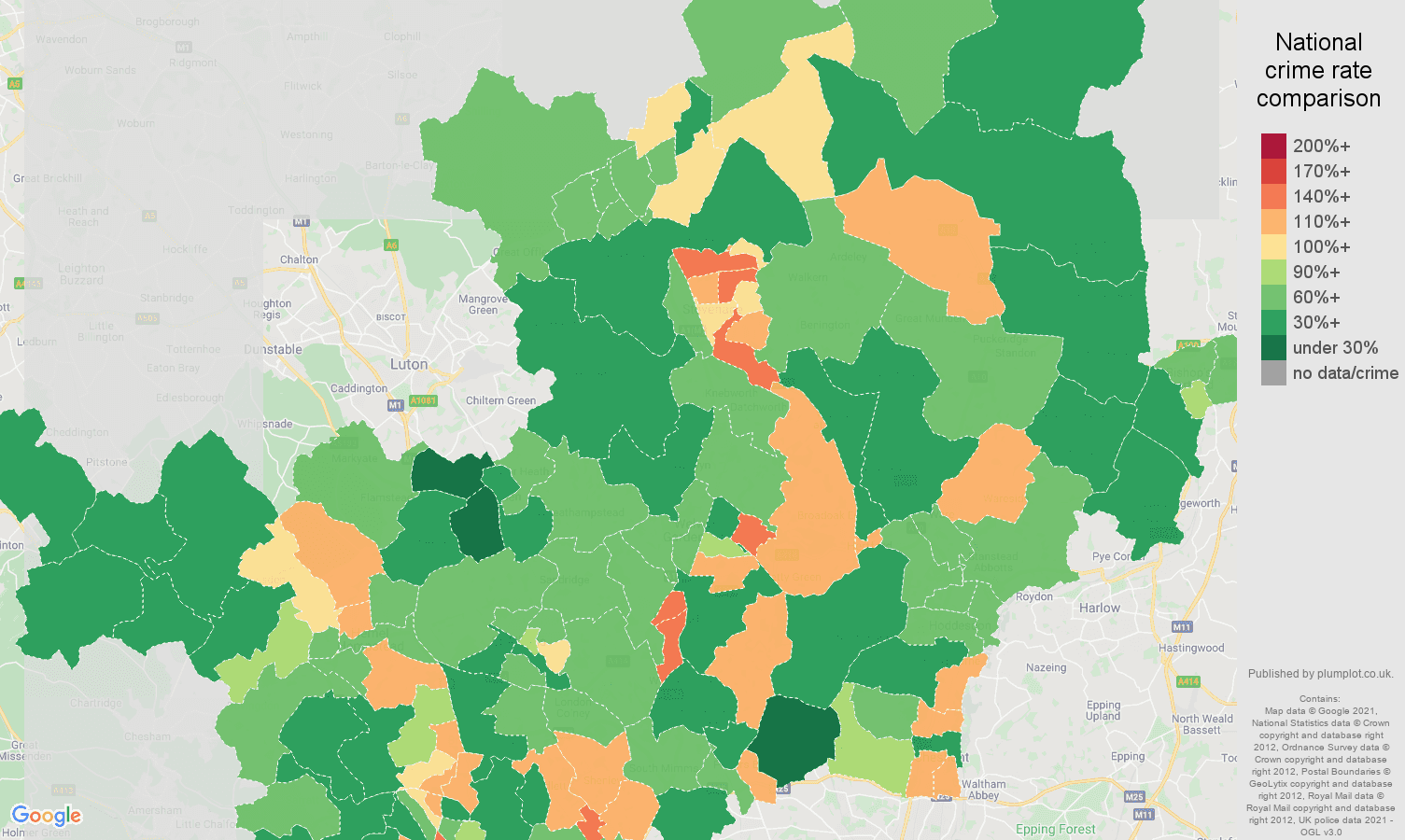 Hertfordshire violent crime rate comparison map