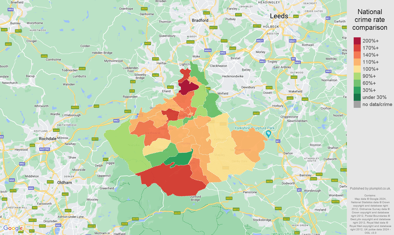Huddersfield burglary crime rate comparison map