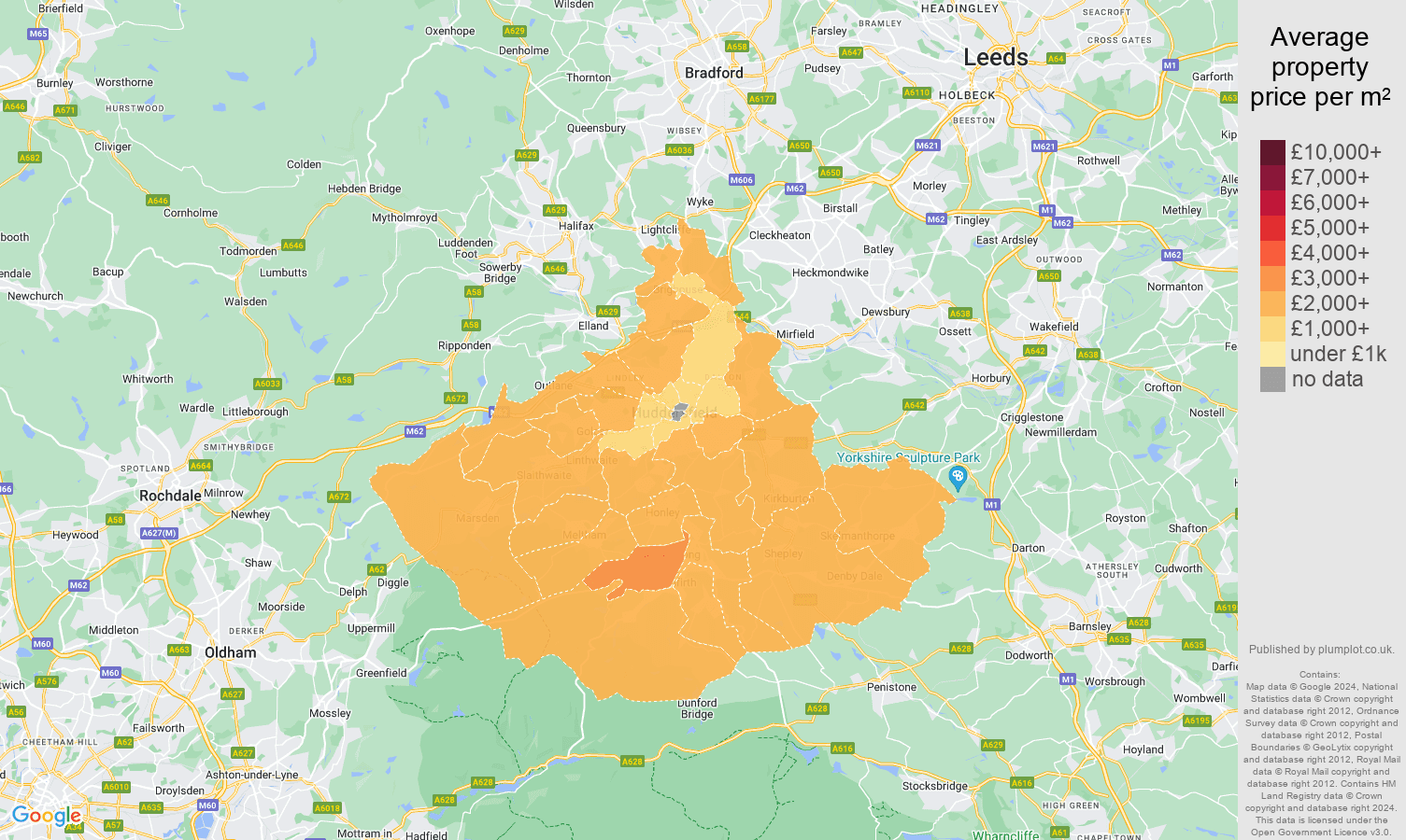 Huddersfield house prices per square metre map
