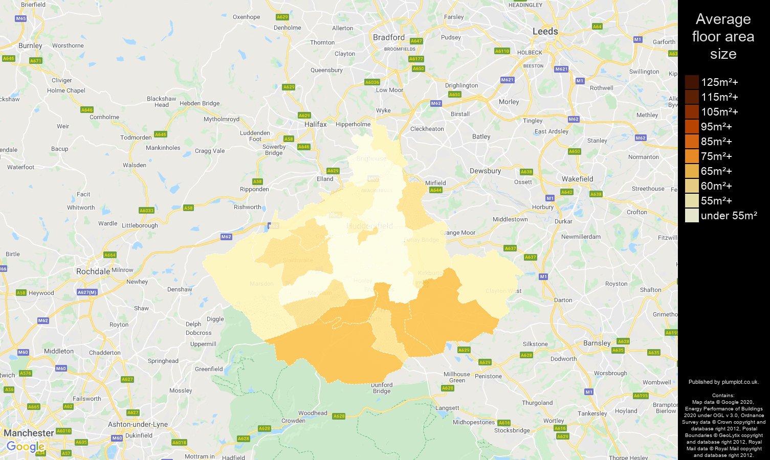Huddersfield map of average floor area size of flats