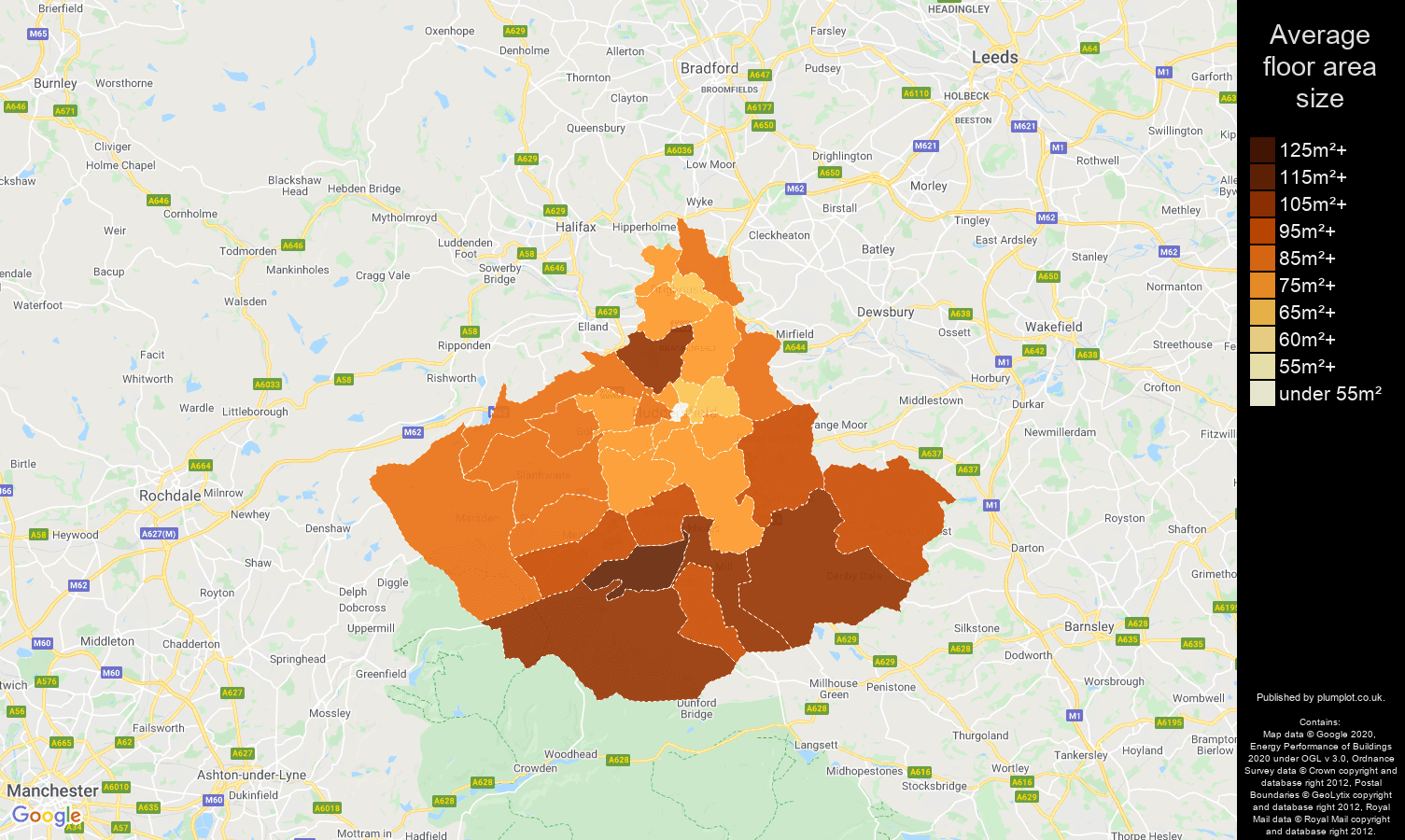 Huddersfield map of average floor area size of properties