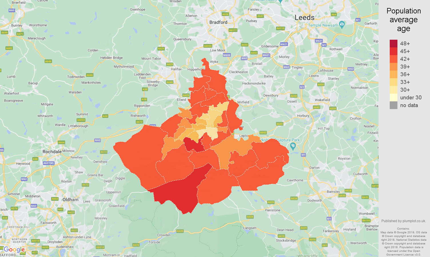 Huddersfield population average age map