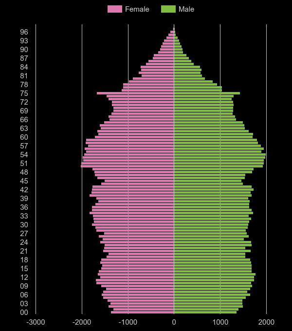 Huddersfield population pyramid by year