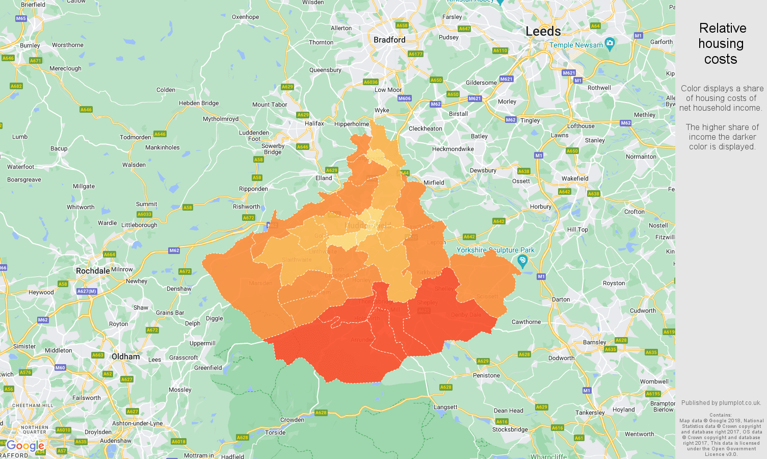 Huddersfield relative housing costs map