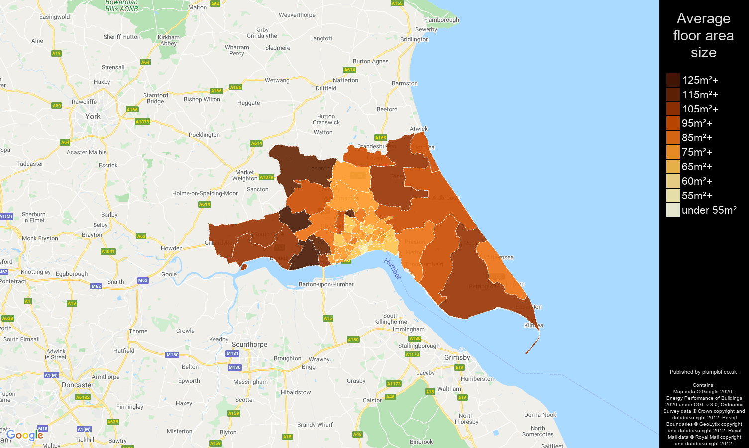 Hull map of average floor area size of properties