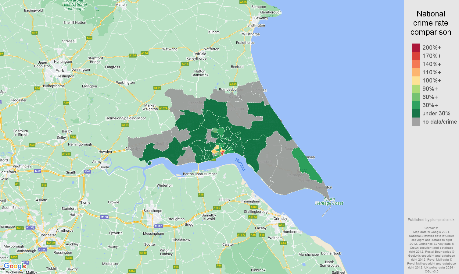 Hull theft from the person crime rate comparison map