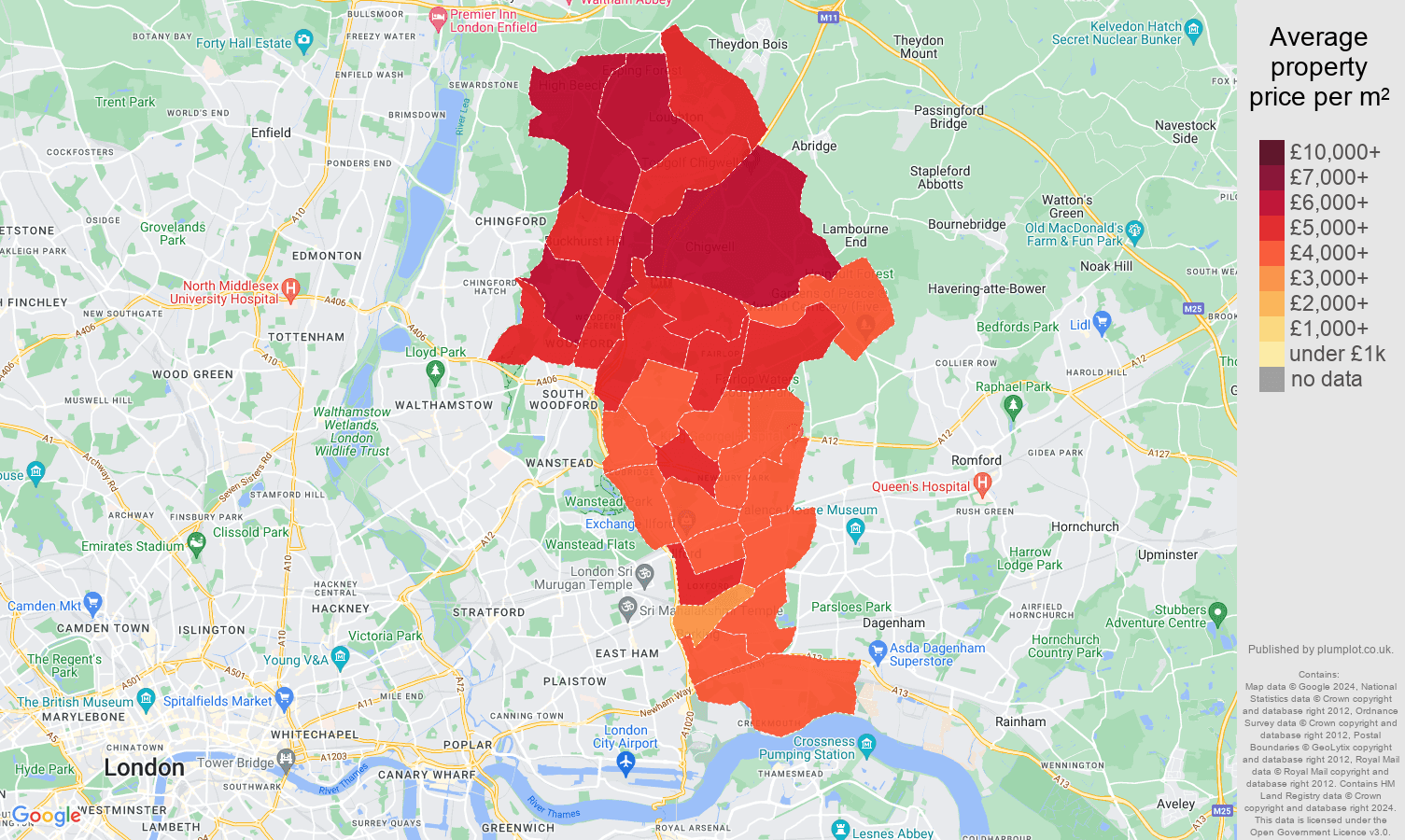 Ilford house prices per square metre map