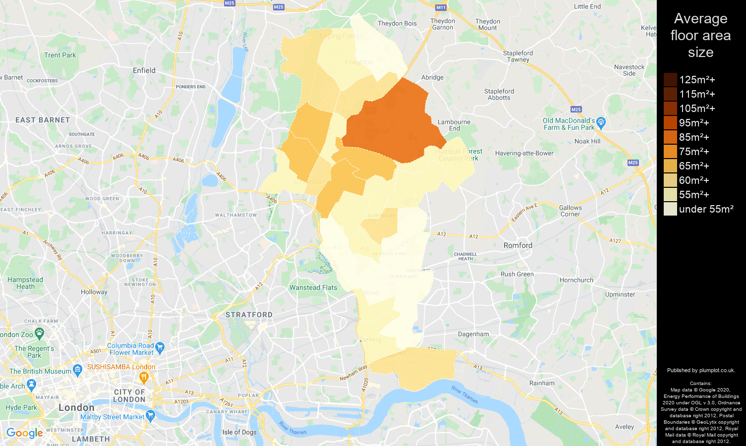 Ilford map of average floor area size of flats