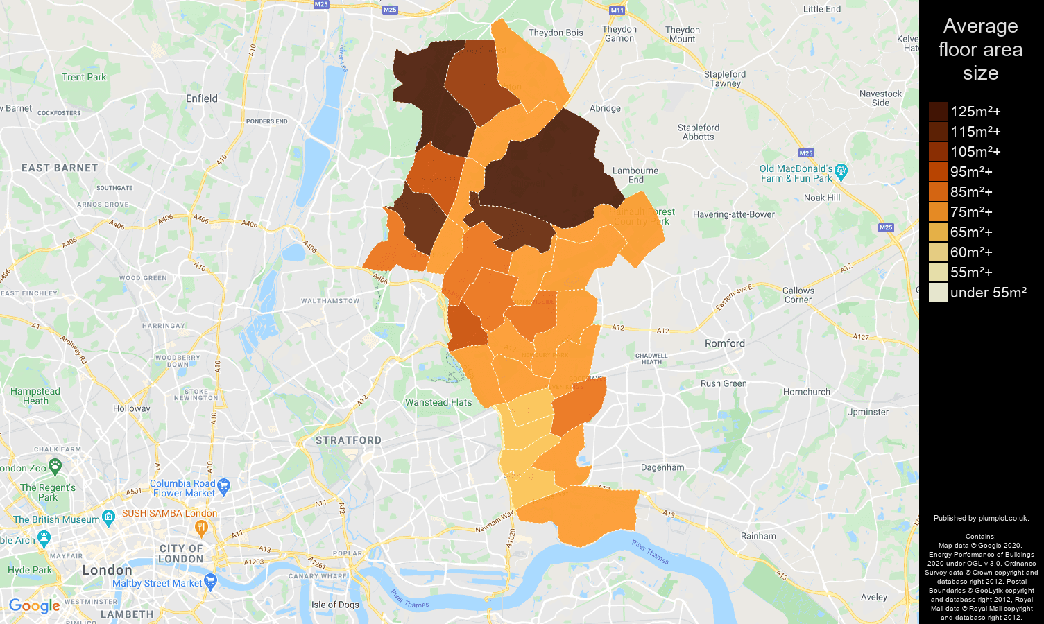 Ilford map of average floor area size of properties