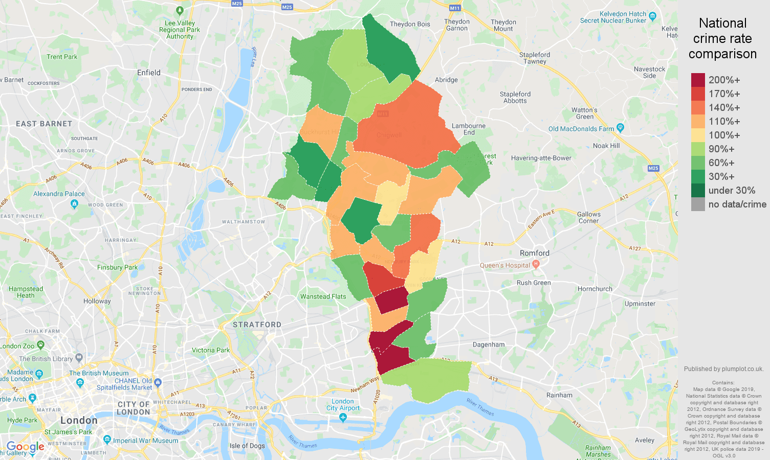 Ilford other theft crime rate comparison map