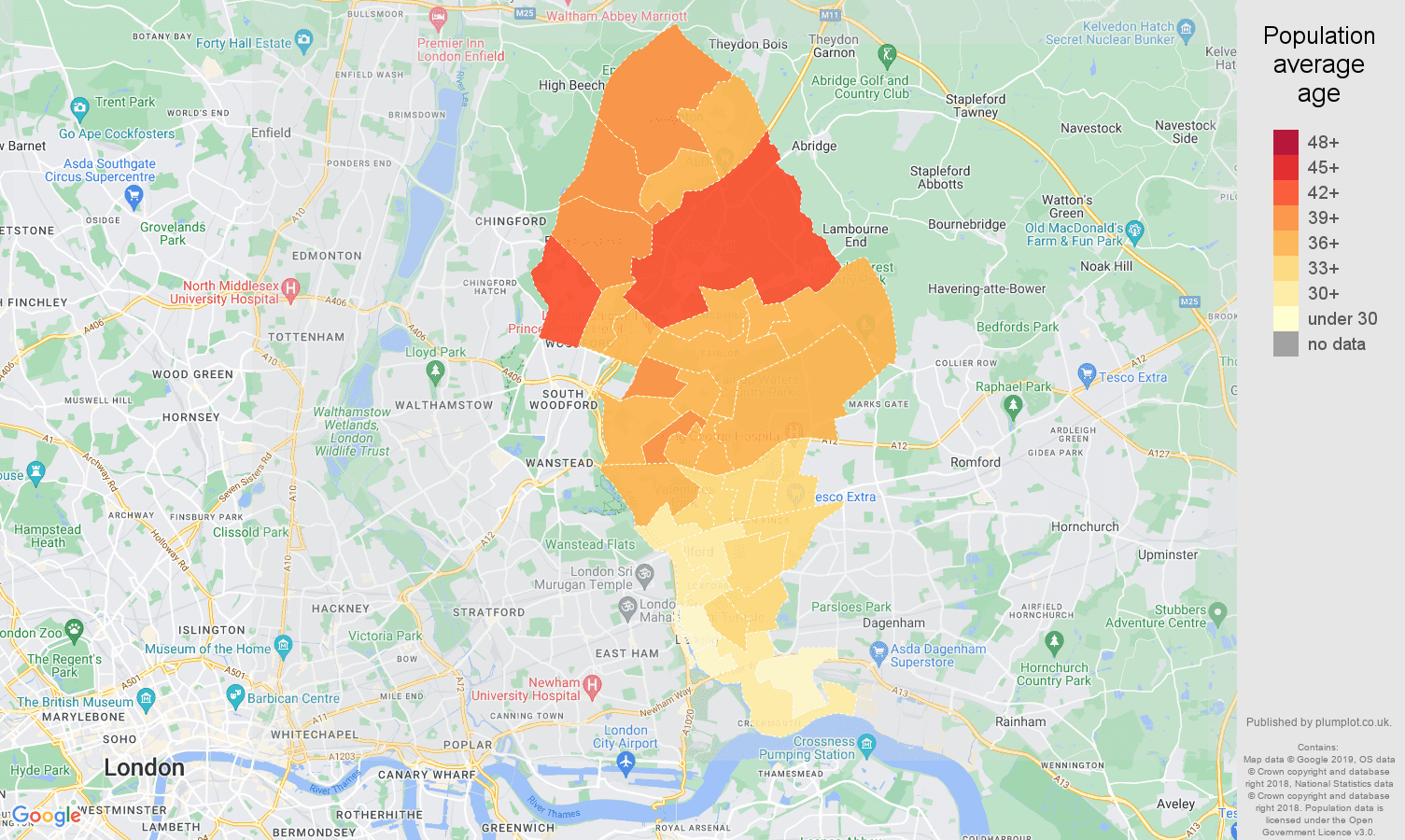 Ilford population average age map