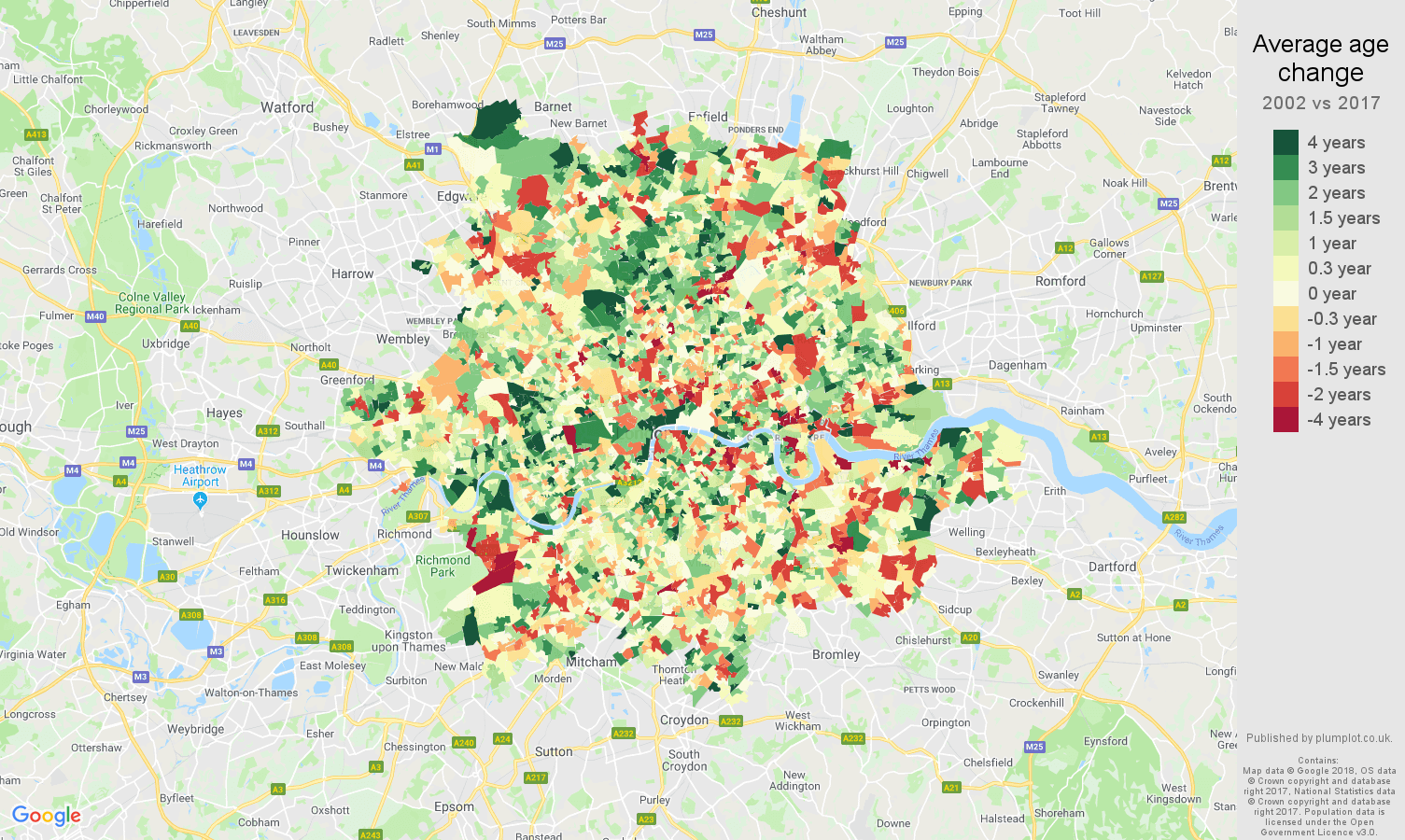 Inner London average age change map