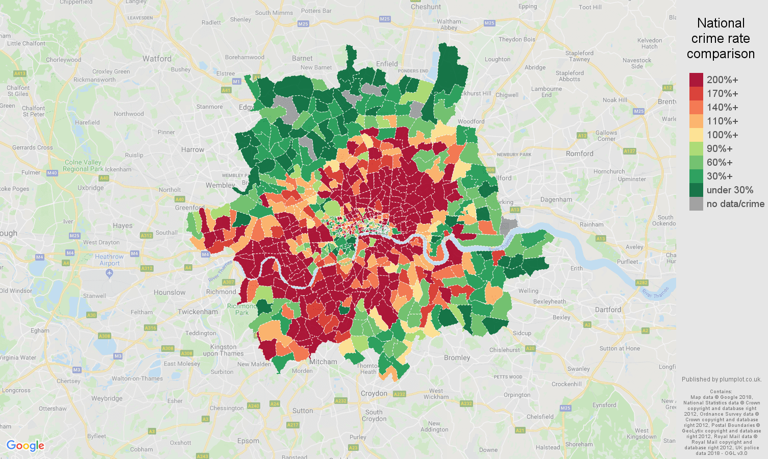 Inner London bicycle theft crime rate comparison map
