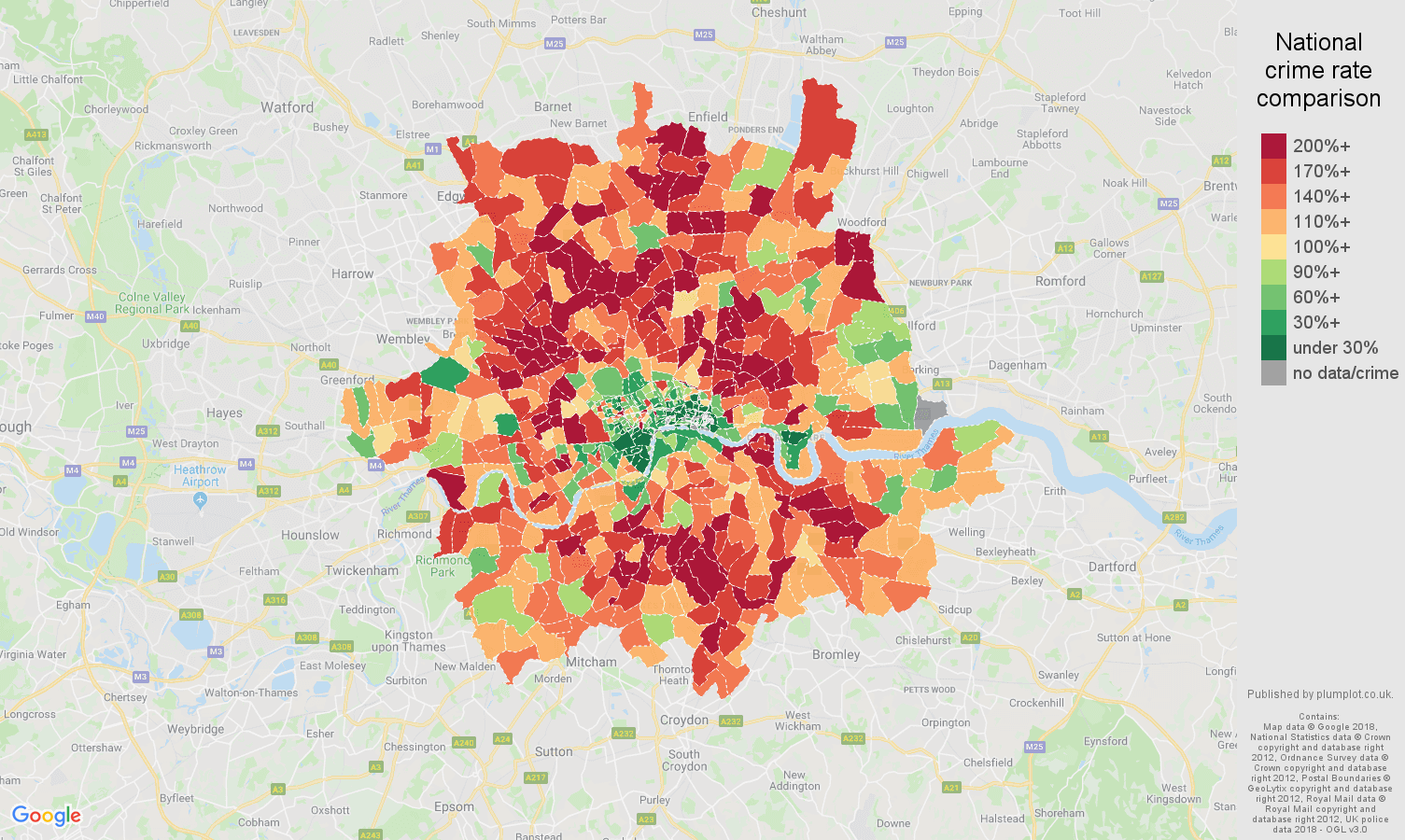Inner London burglary crime rate comparison map