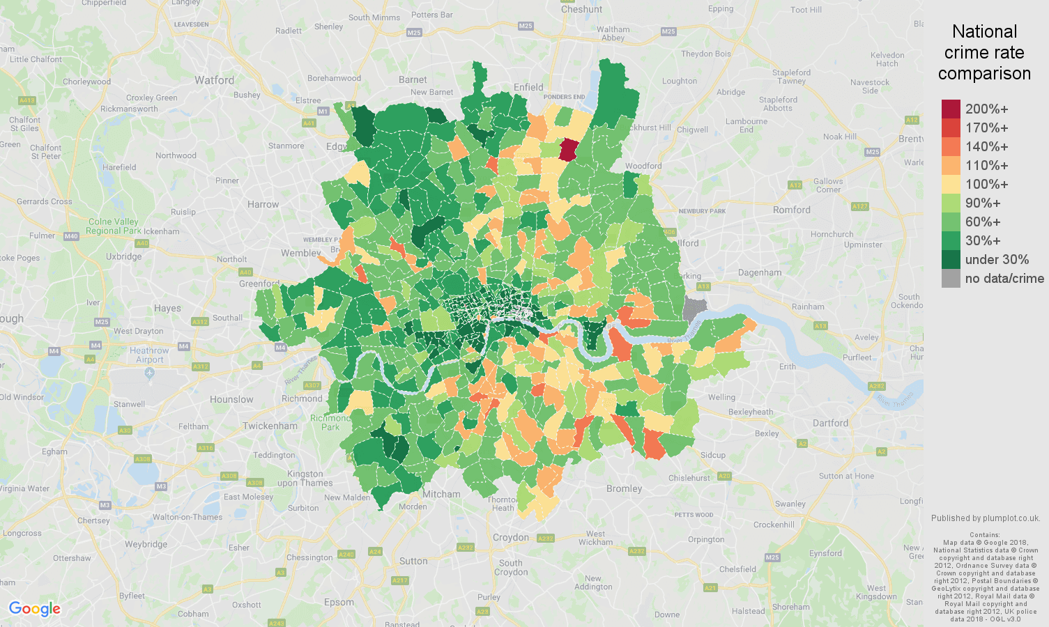 Inner London criminal damage and arson crime rate comparison map