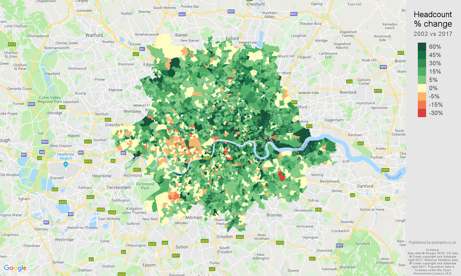 Inner London headcount change map