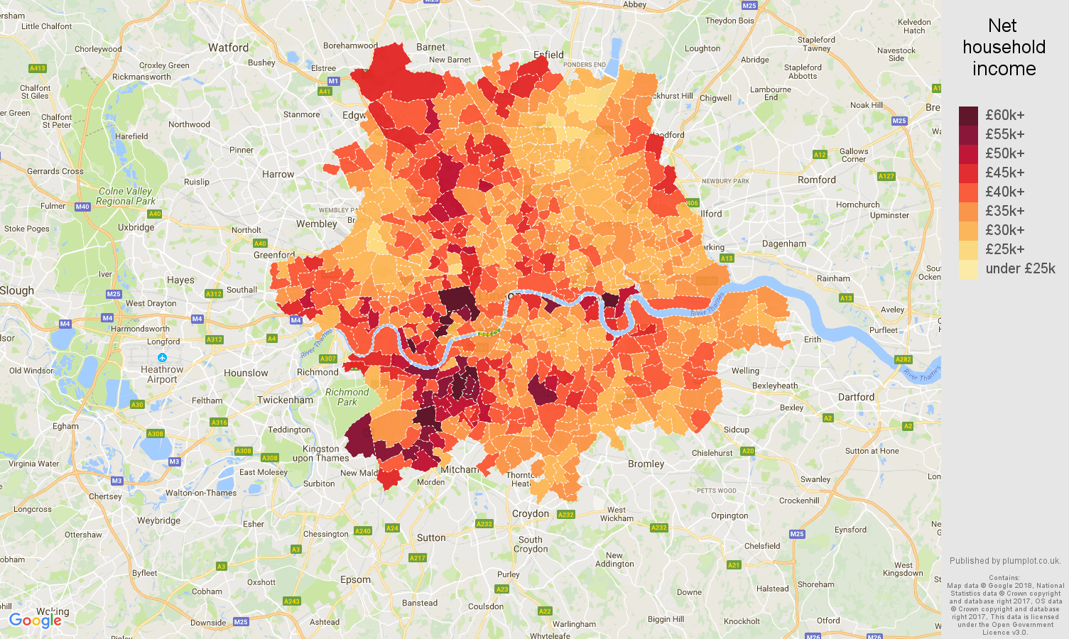 Inner London net household income map