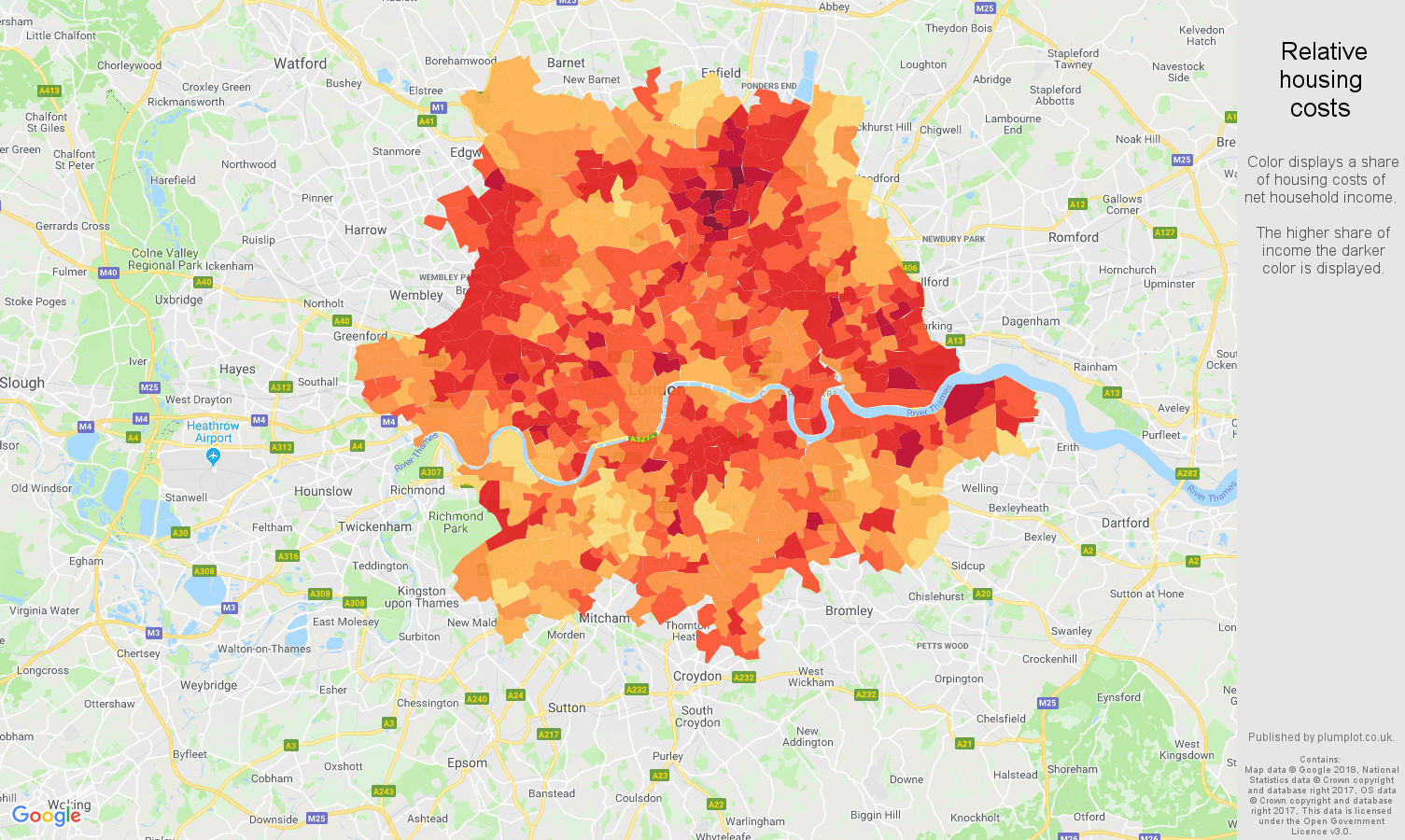 Inner London relative housing costs map