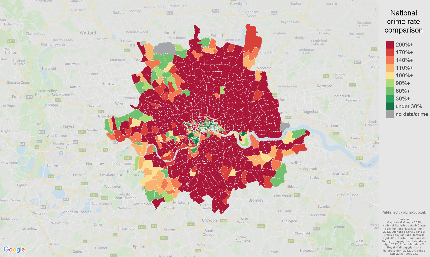 Inner London robbery crime rate comparison map