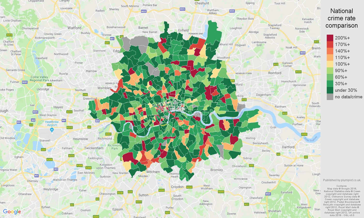 Inner London shoplifting crime rate comparison map