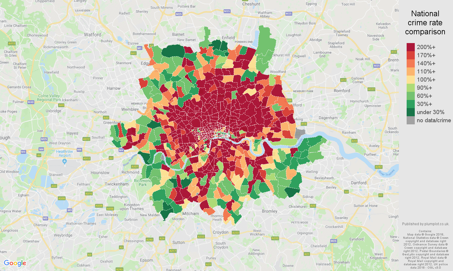Inner London theft from the person crime rate comparison map