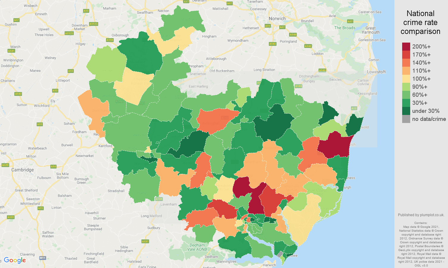 Ipswich burglary crime rate comparison map