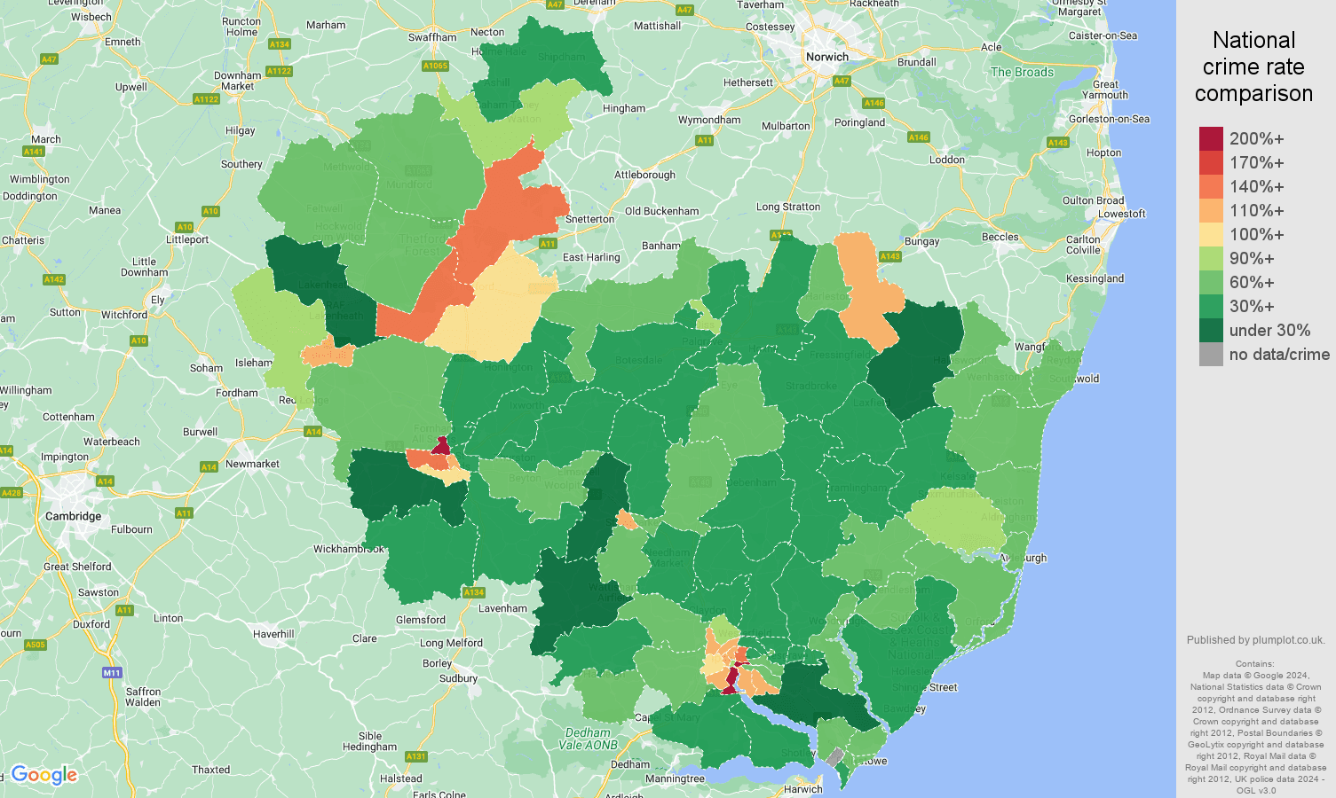 Ipswich criminal damage and arson crime rate comparison map