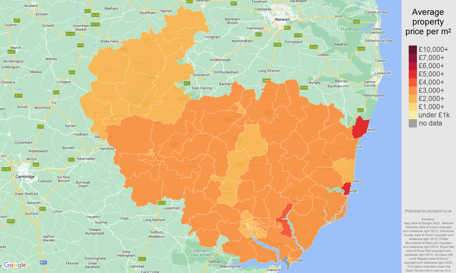 Ipswich house prices per square metre map