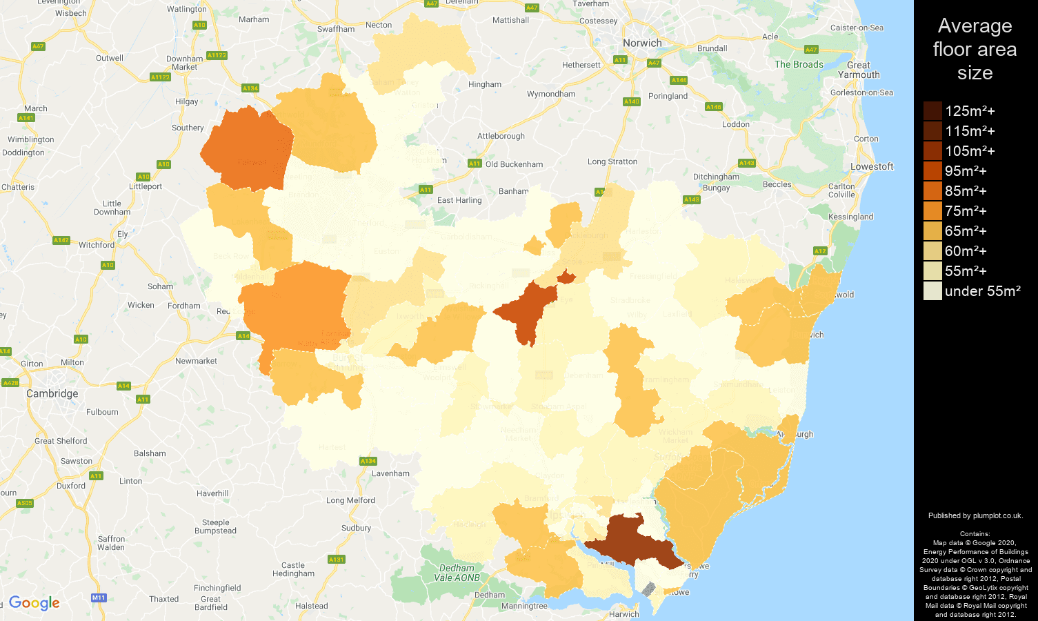 Ipswich map of average floor area size of flats