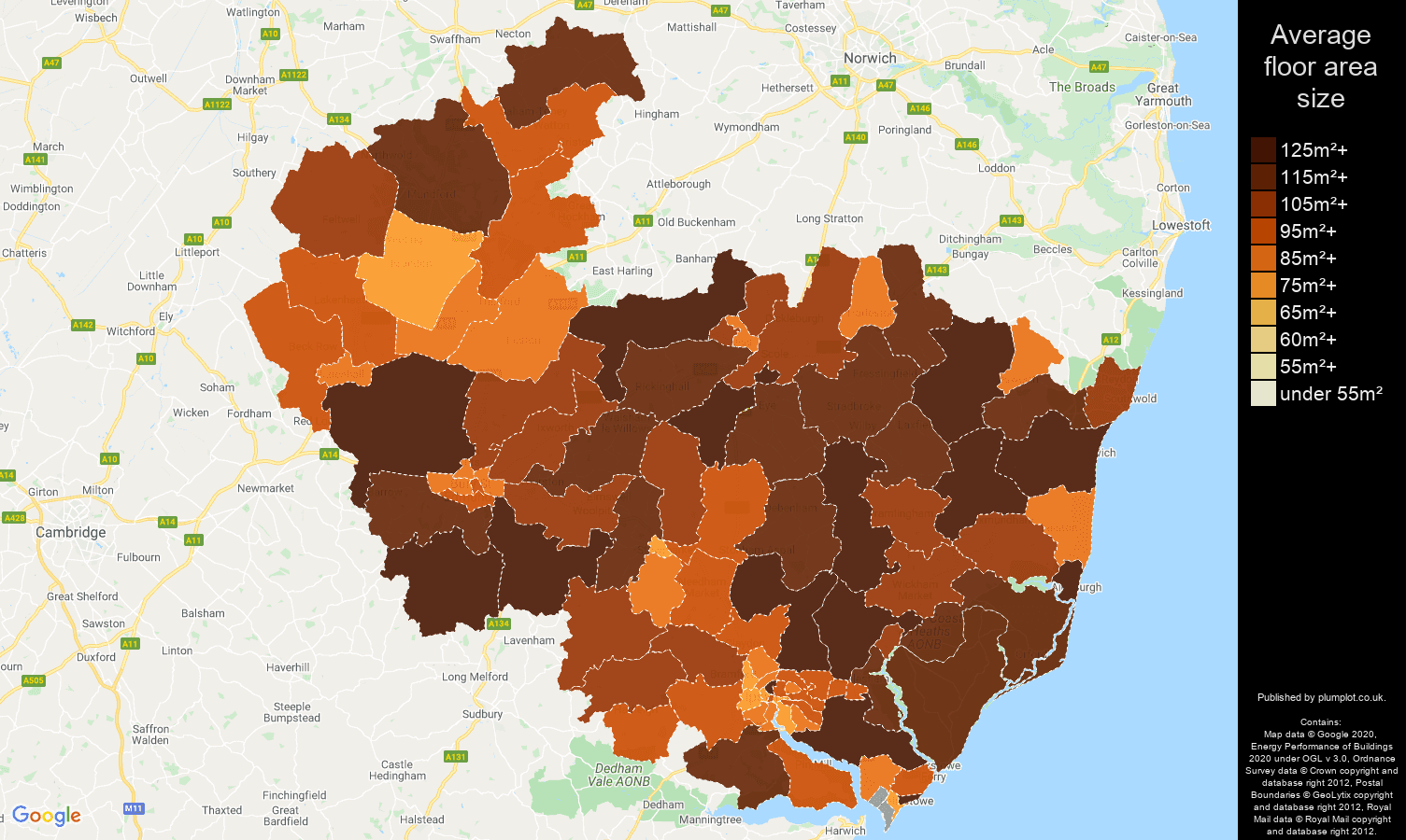 Ipswich map of average floor area size of houses