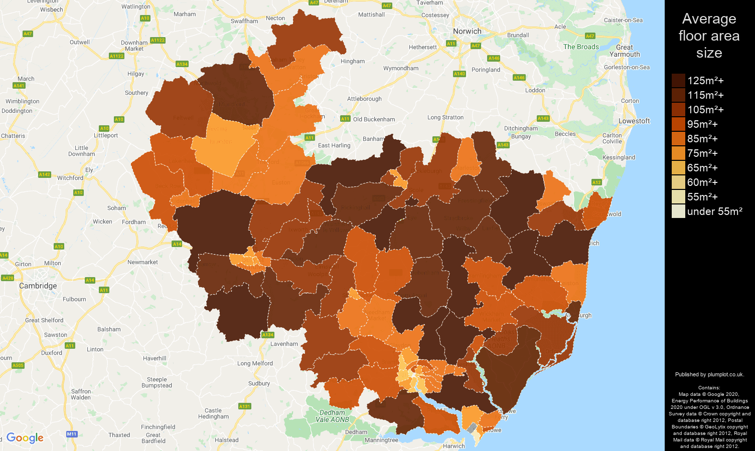 Ipswich map of average floor area size of properties