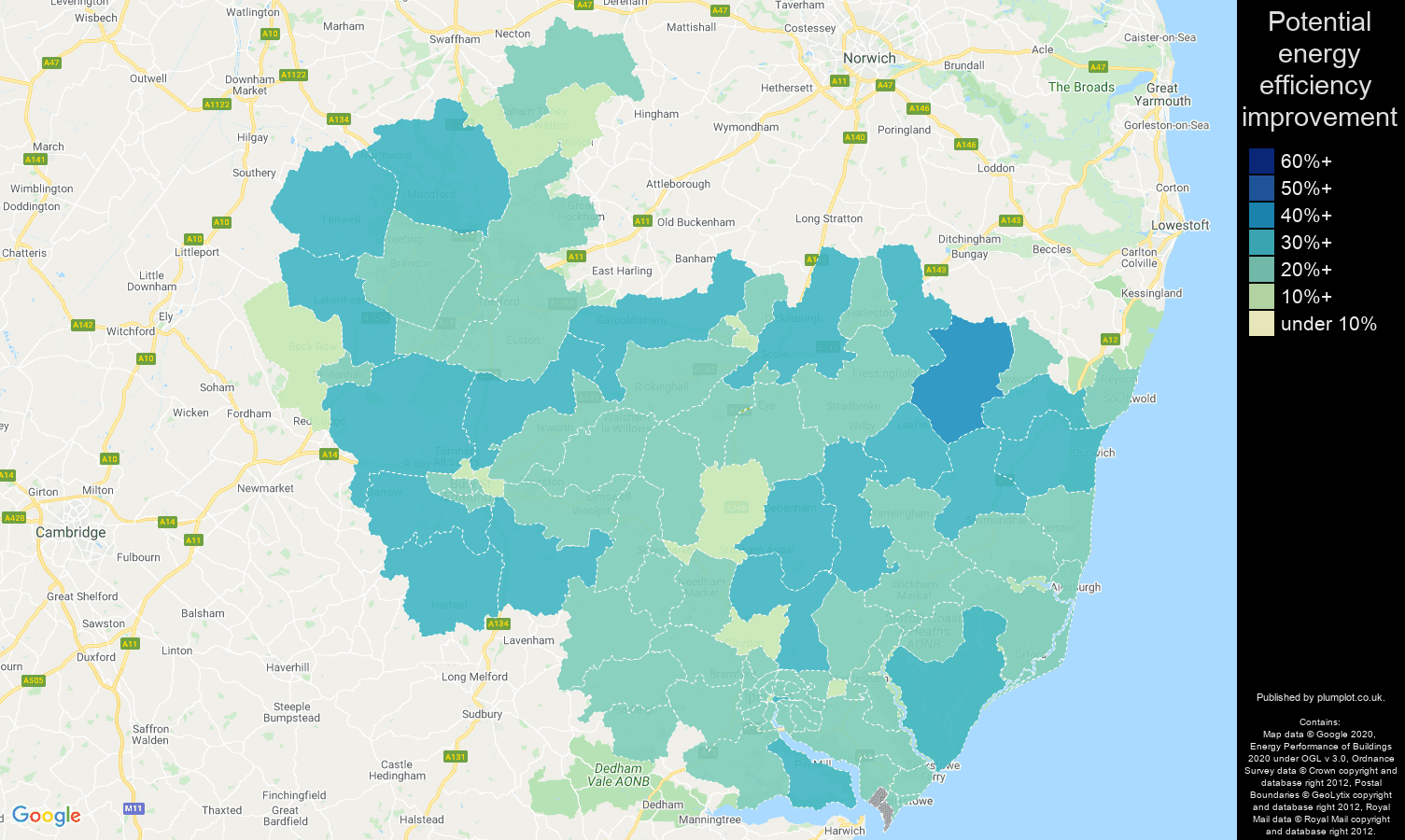 Ipswich map of potential energy efficiency improvement of houses