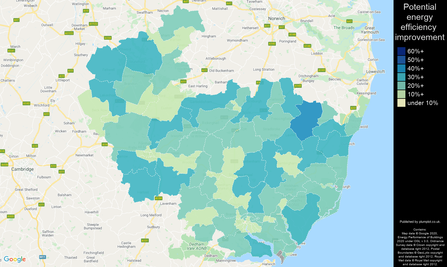 Ipswich map of potential energy efficiency improvement of properties