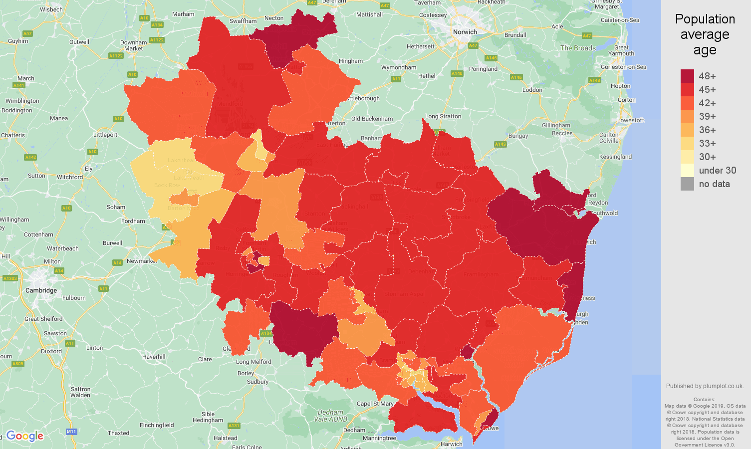 Ipswich population average age map