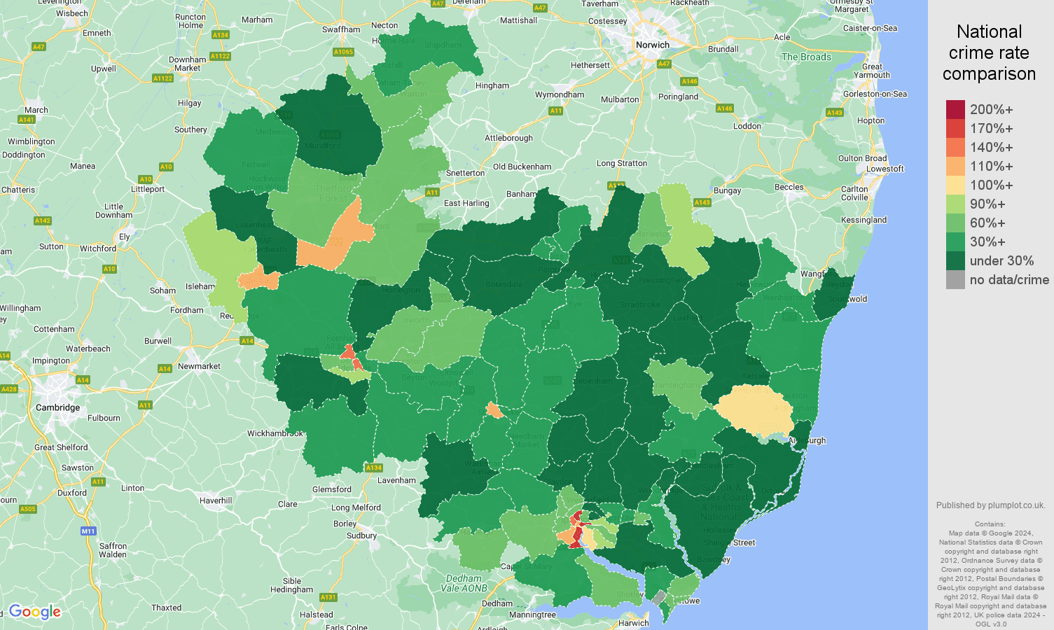 Ipswich public order crime rate comparison map