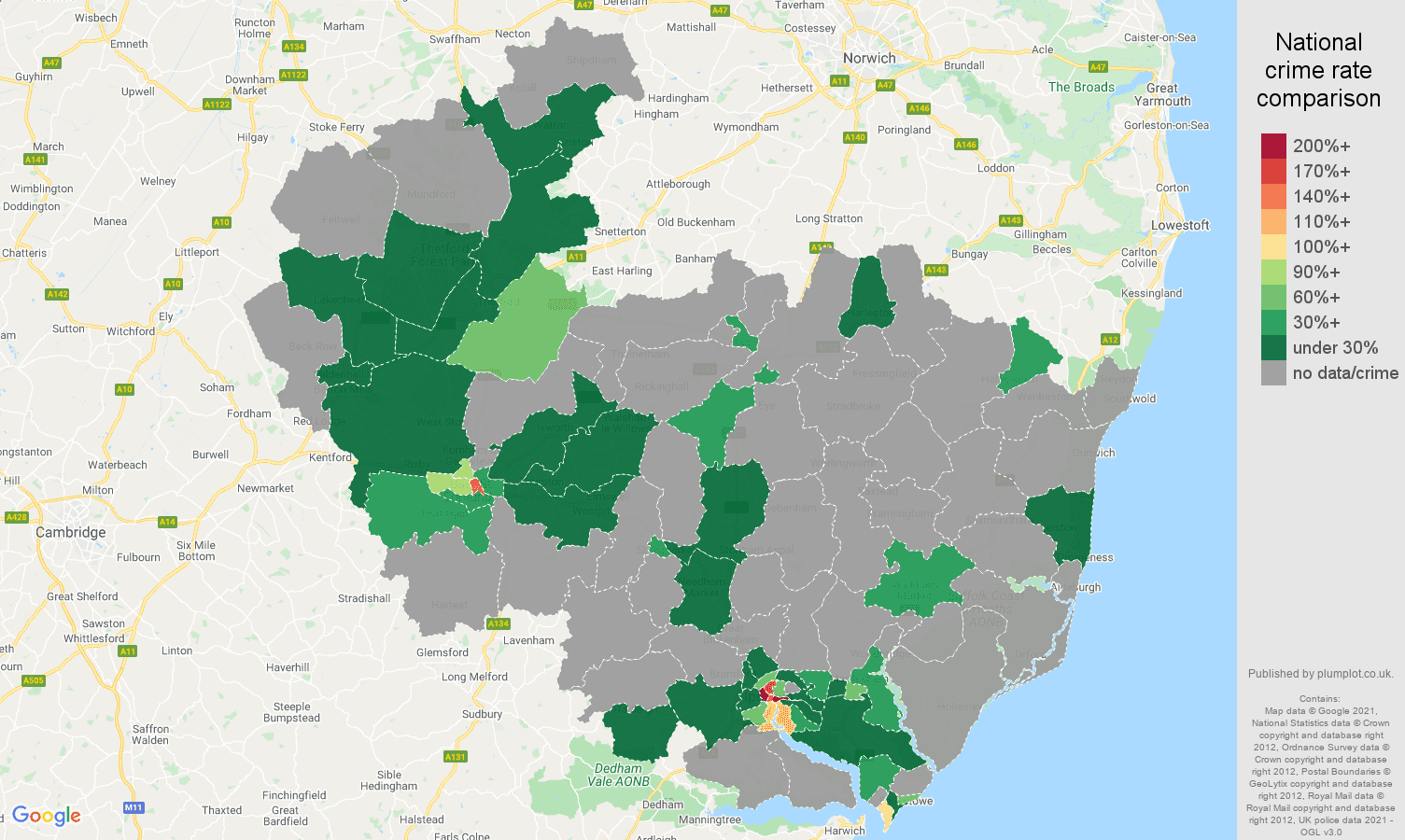 Ipswich theft from the person crime rate comparison map