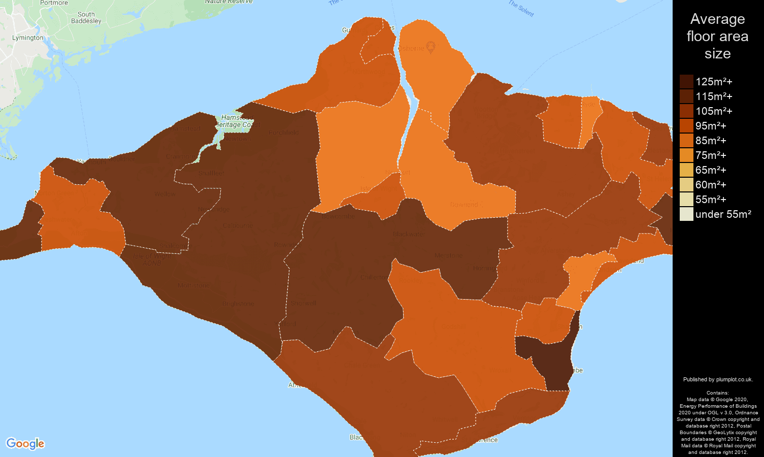 Isle of Wight map of average floor area size of houses