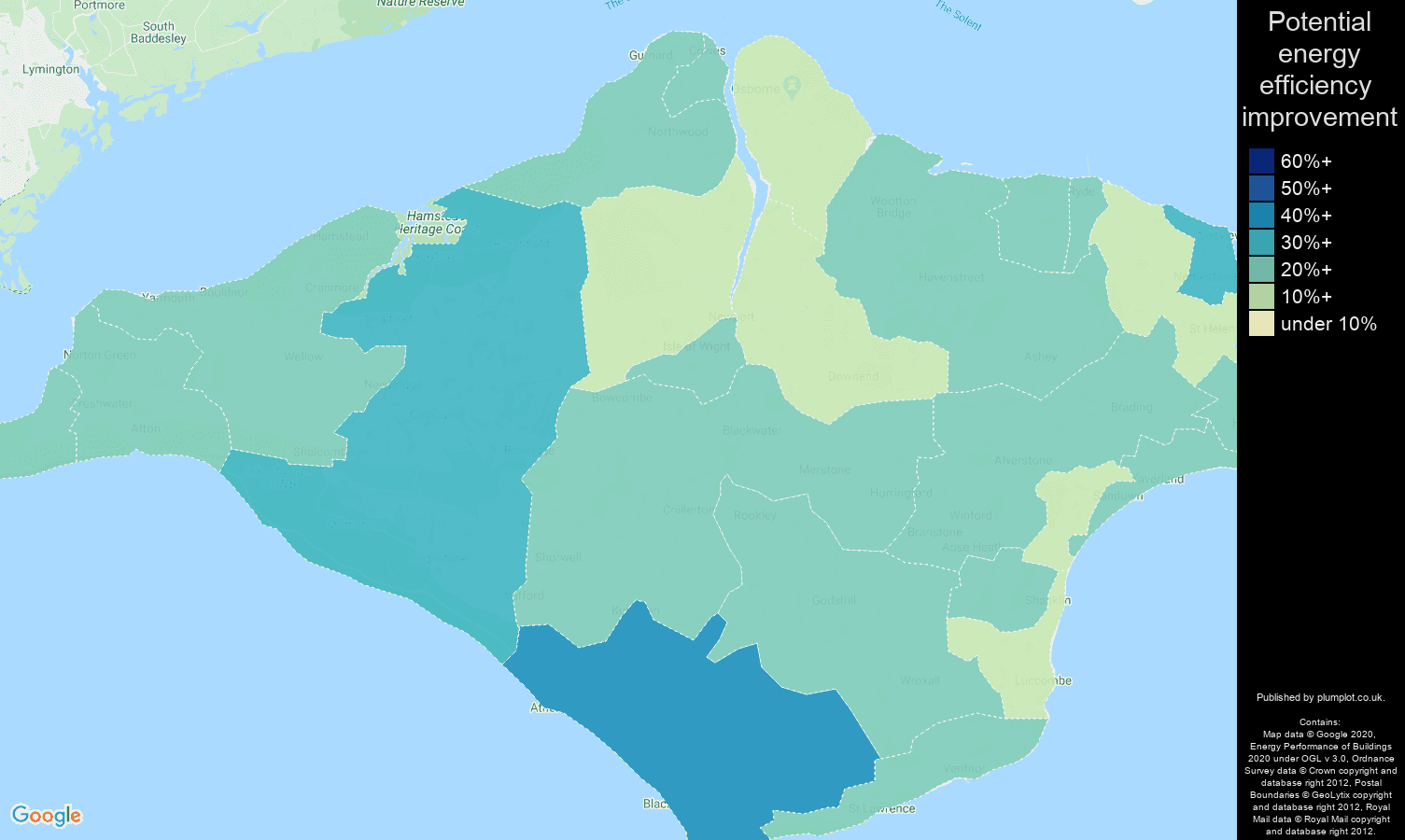 Isle of Wight map of potential energy efficiency improvement of properties