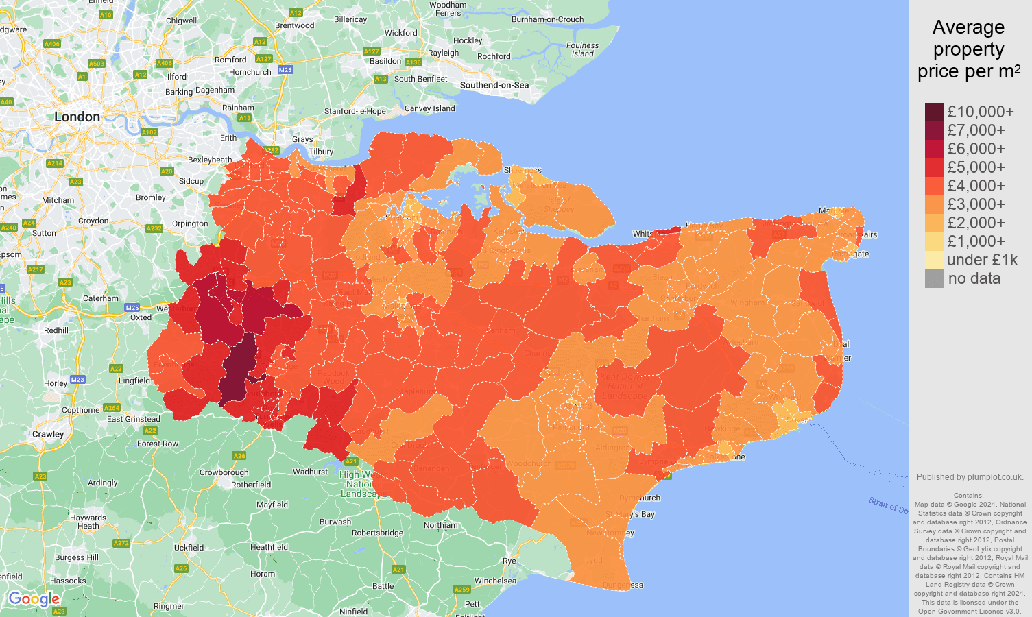Kent house prices per square metre map