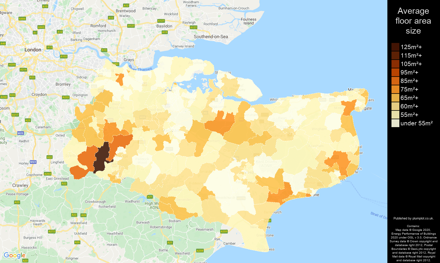 Kent map of average floor area size of flats