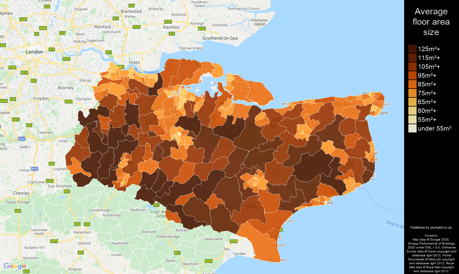 Kent map of average floor area size of properties