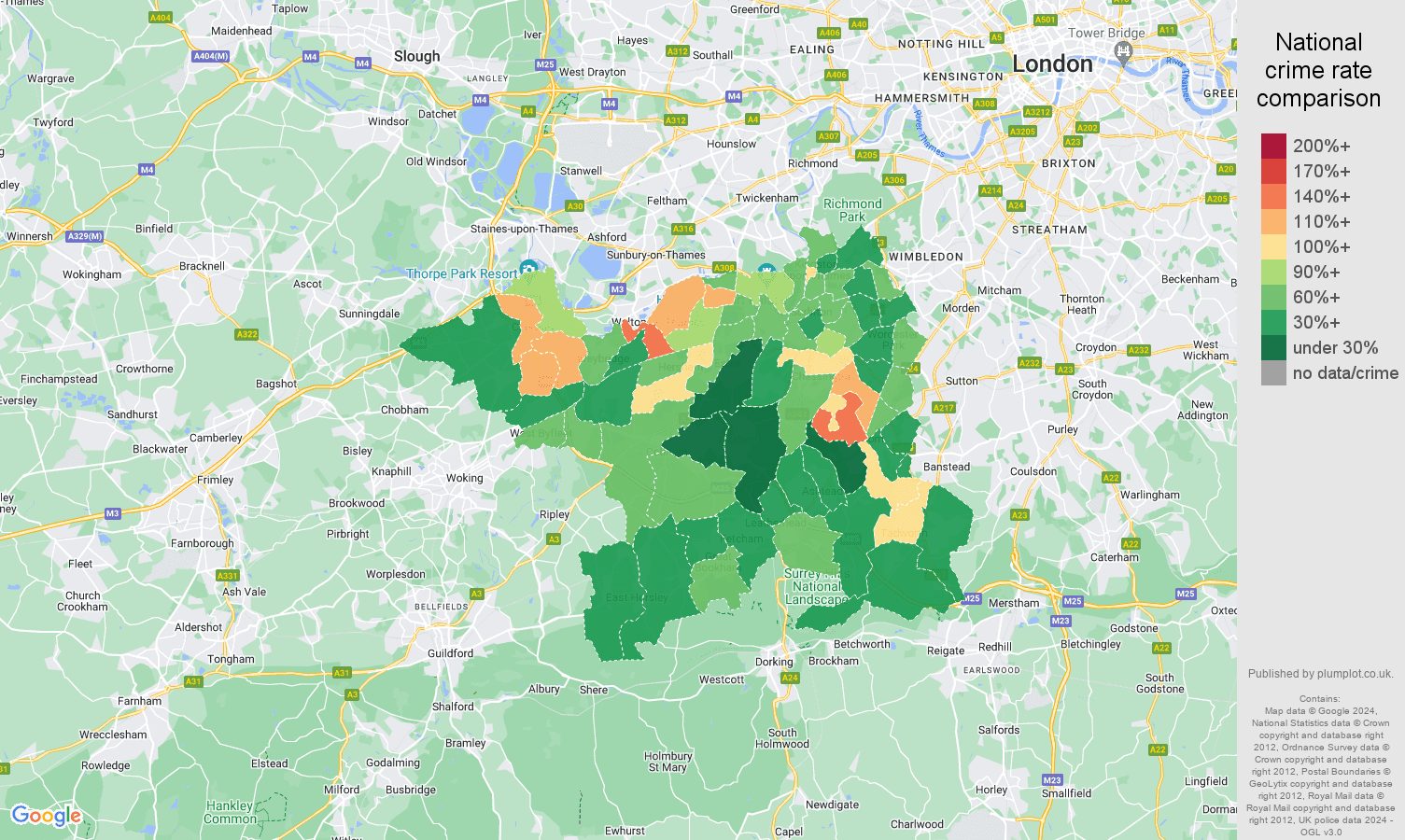 Kingston upon Thames criminal damage and arson crime rate comparison map
