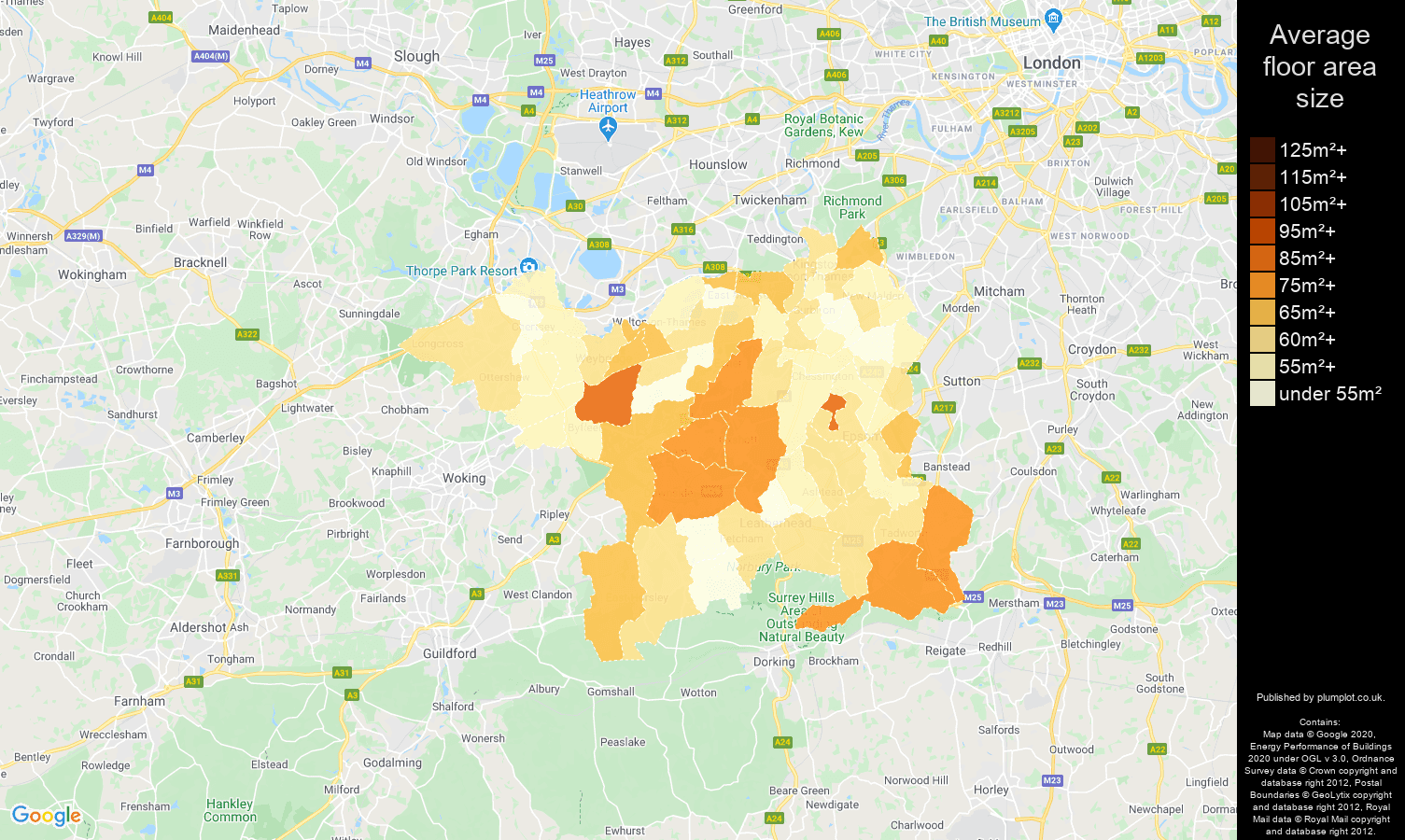 Kingston upon Thames map of average floor area size of flats