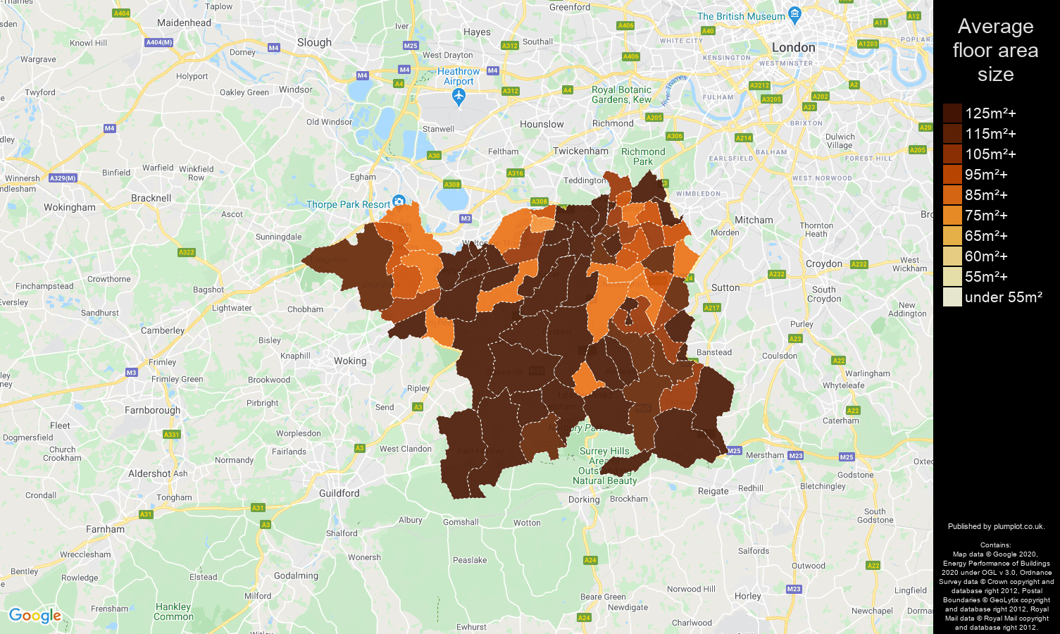 Kingston upon Thames map of average floor area size of houses