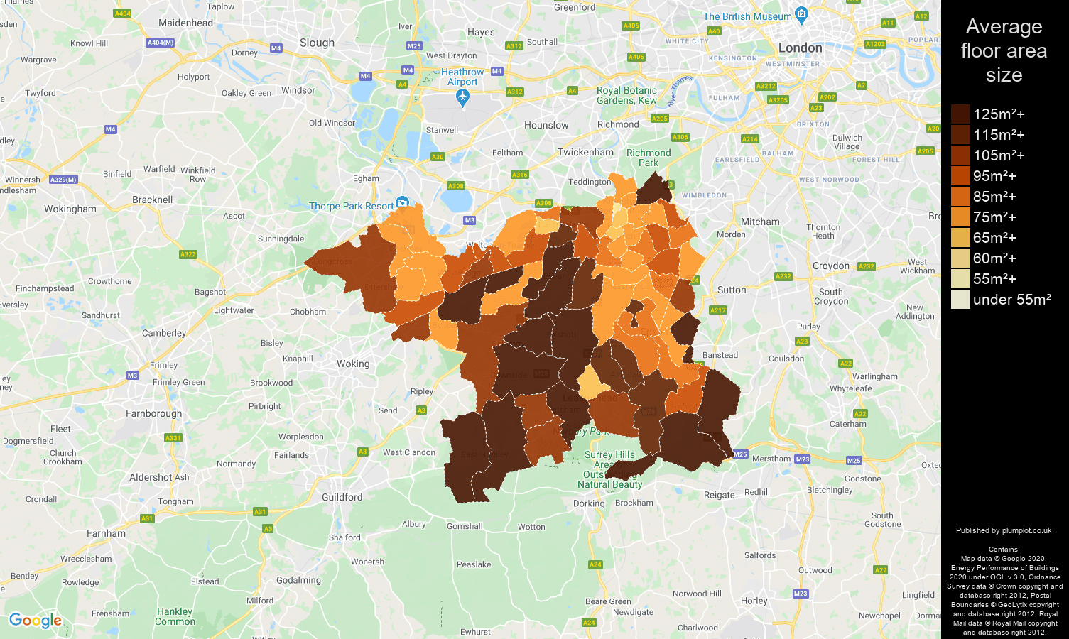 Kingston upon Thames map of average floor area size of properties