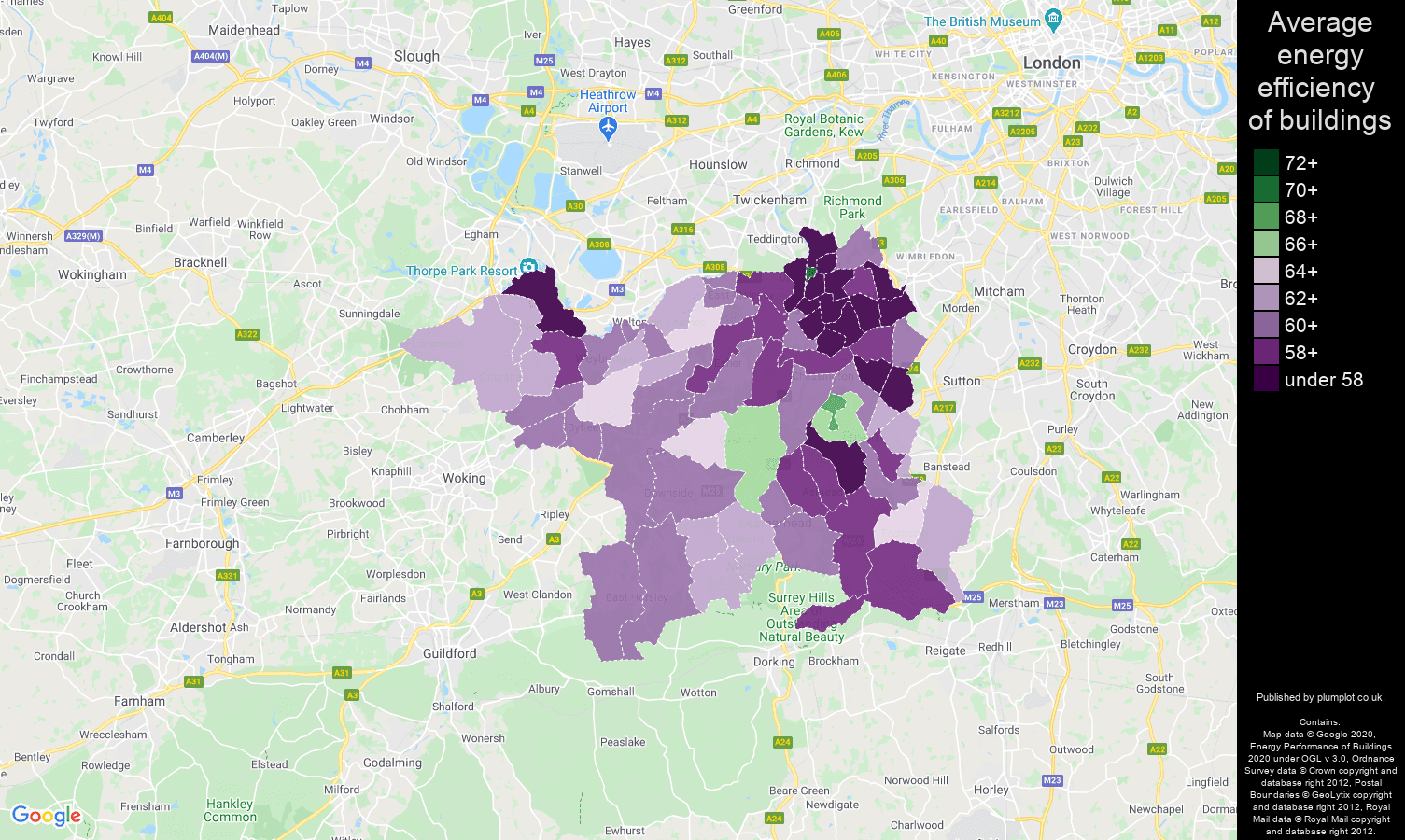 Kingston upon Thames map of energy efficiency of houses