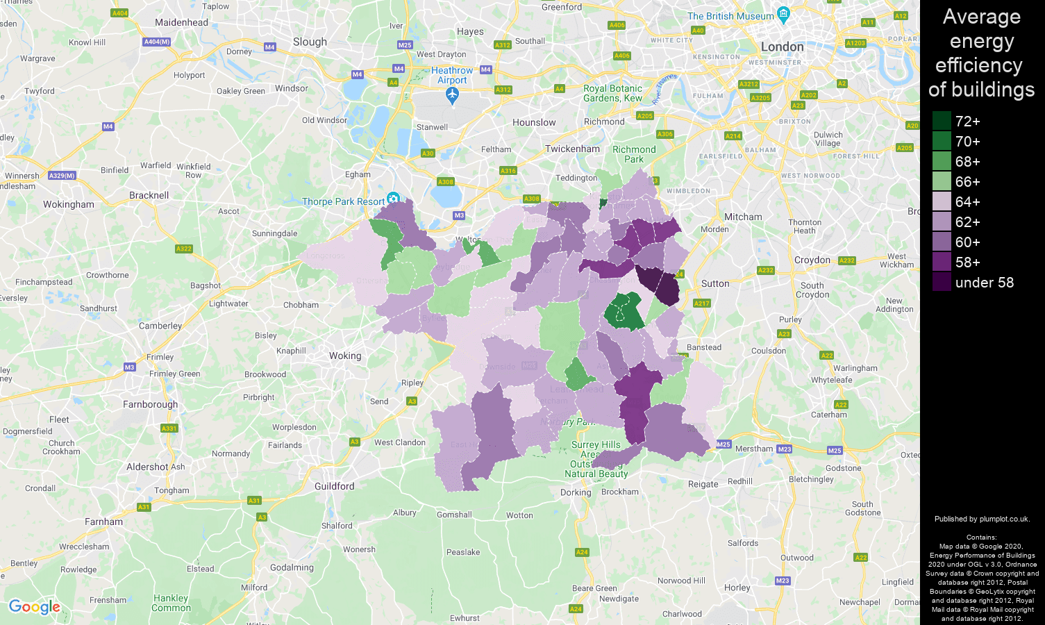 Kingston upon Thames map of energy efficiency of properties