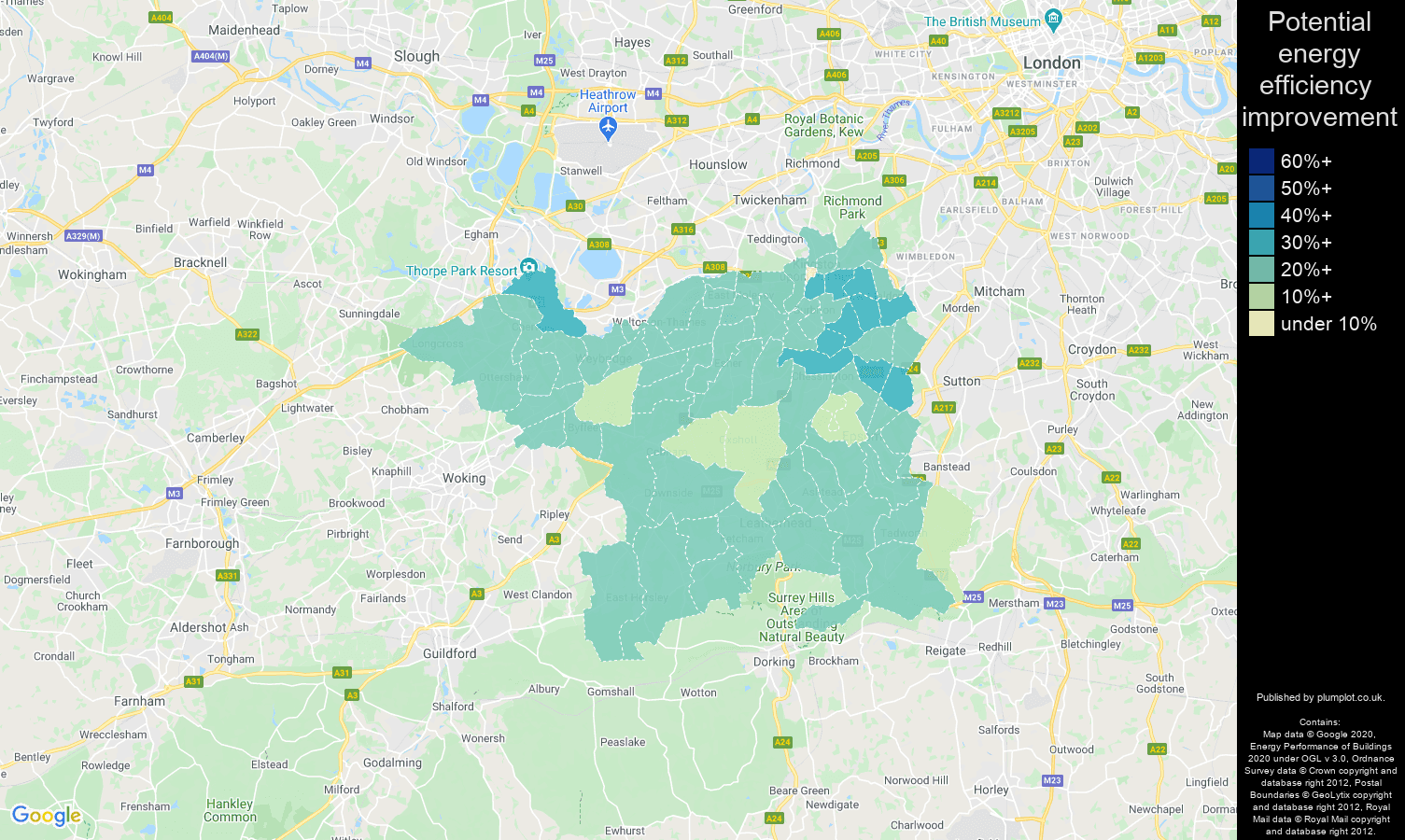 Kingston upon Thames map of potential energy efficiency improvement of houses